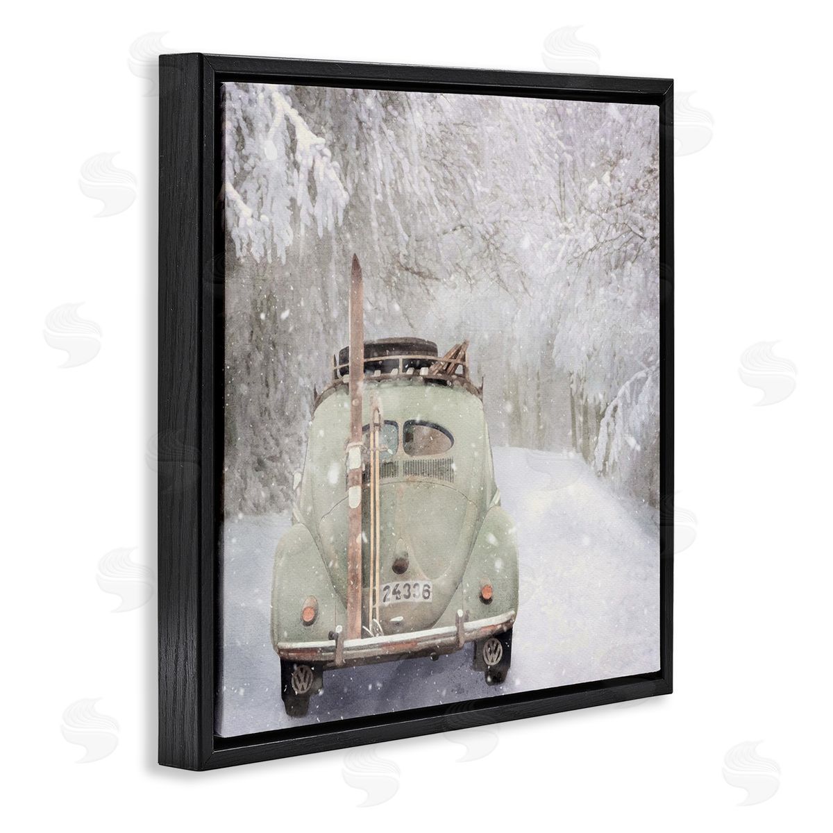 LSR Design Studio Vintage Buggy in Snow Black Floating Frame Canvas Wall Art Print