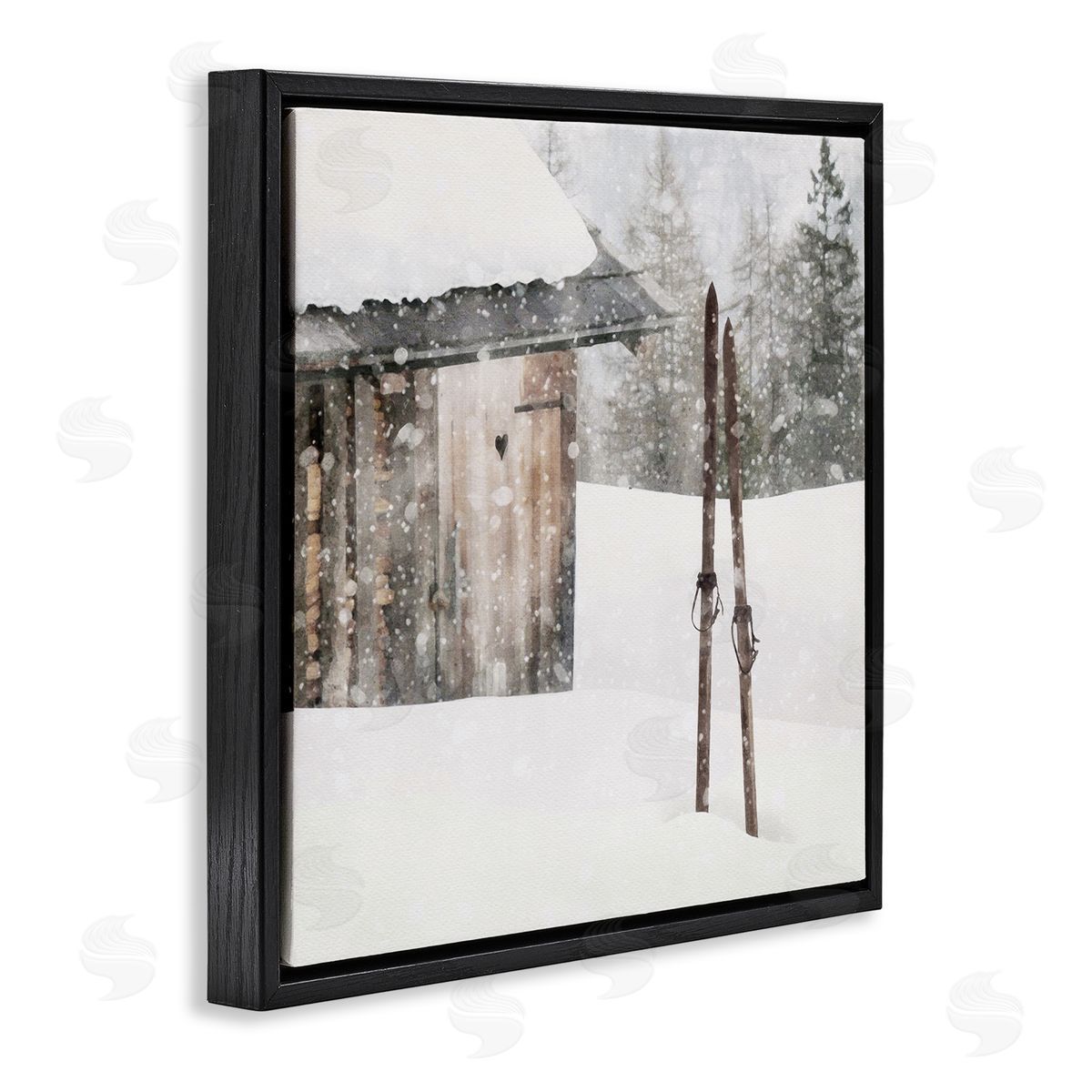 LSR Design Studio Winter Cabin Skis Black Floating Frame Canvas Wall Art Print