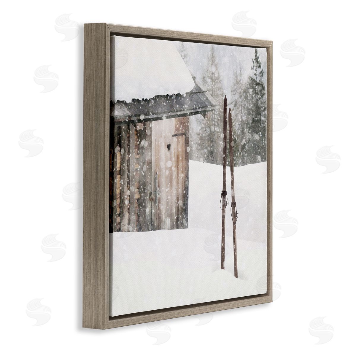 LSR Design Studio Winter Cabin Skis Brown Floating Frame Canvas Wall Art Print