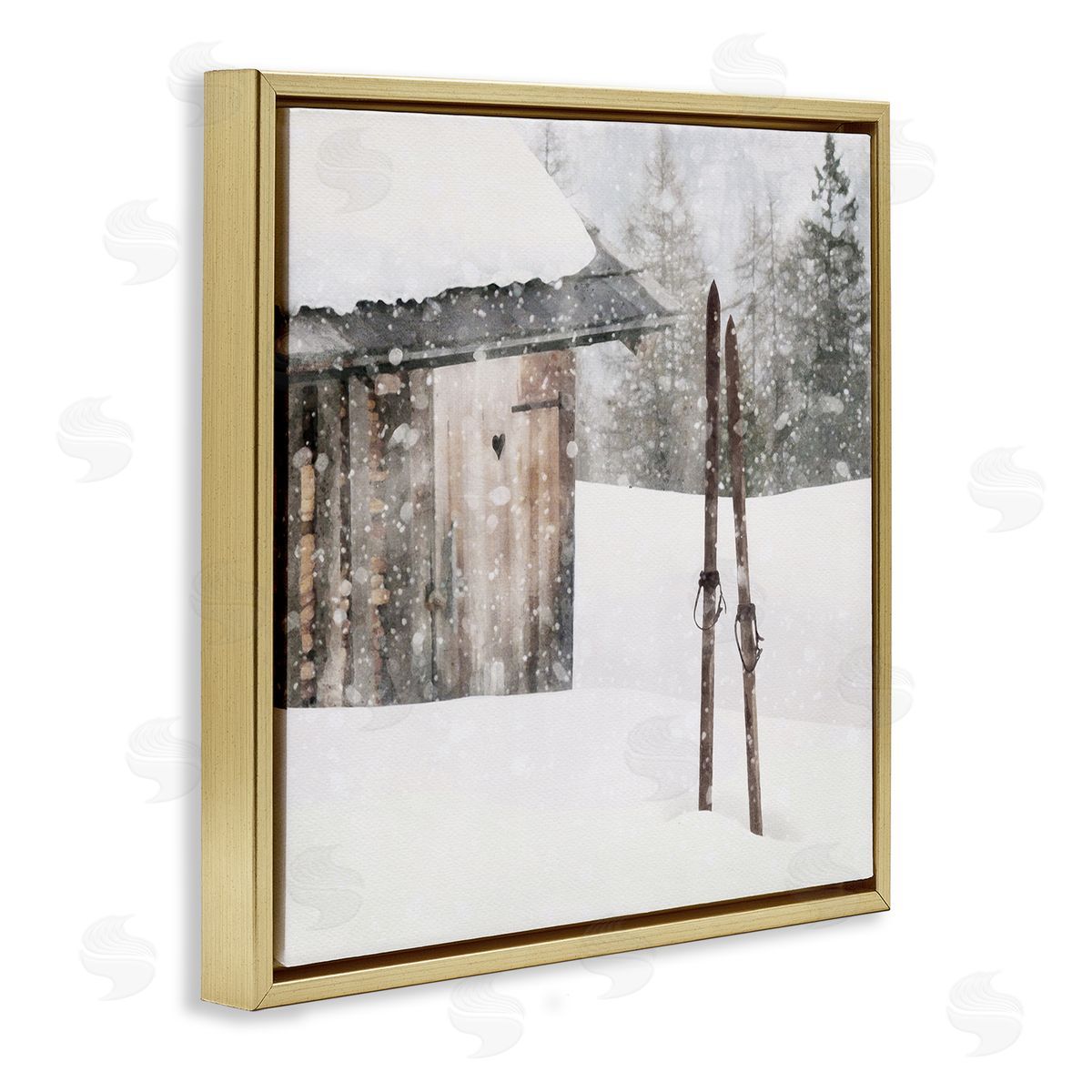 LSR Design Studio Winter Cabin Skis Gold Floating Frame Canvas Wall Art Print