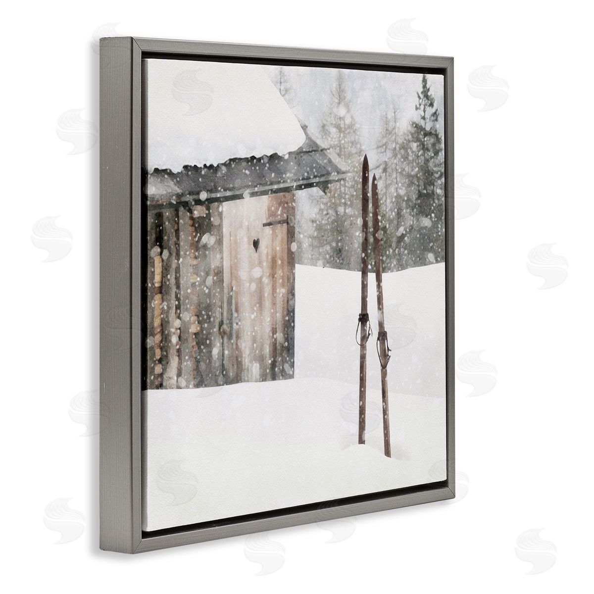 LSR Design Studio Winter Cabin Skis Gray Floating Frame Canvas Wall Art Print