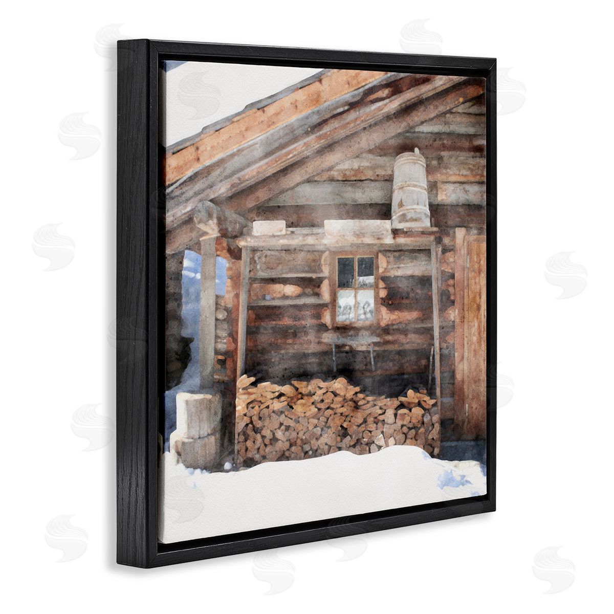 LSR Design Studio Lumber at Winter Cabin Black Floating Frame Canvas Wall Art Print