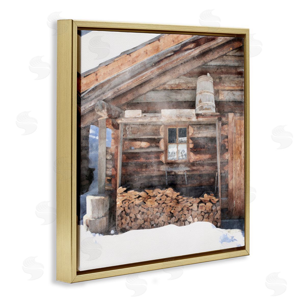 LSR Design Studio Lumber at Winter Cabin Gold Floating Frame Canvas Wall Art Print