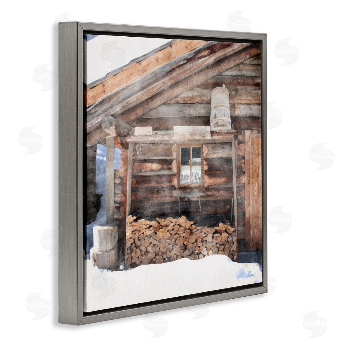 LSR Design Studio Lumber at Winter Cabin Gray Floating Frame Canvas Wall Art Print