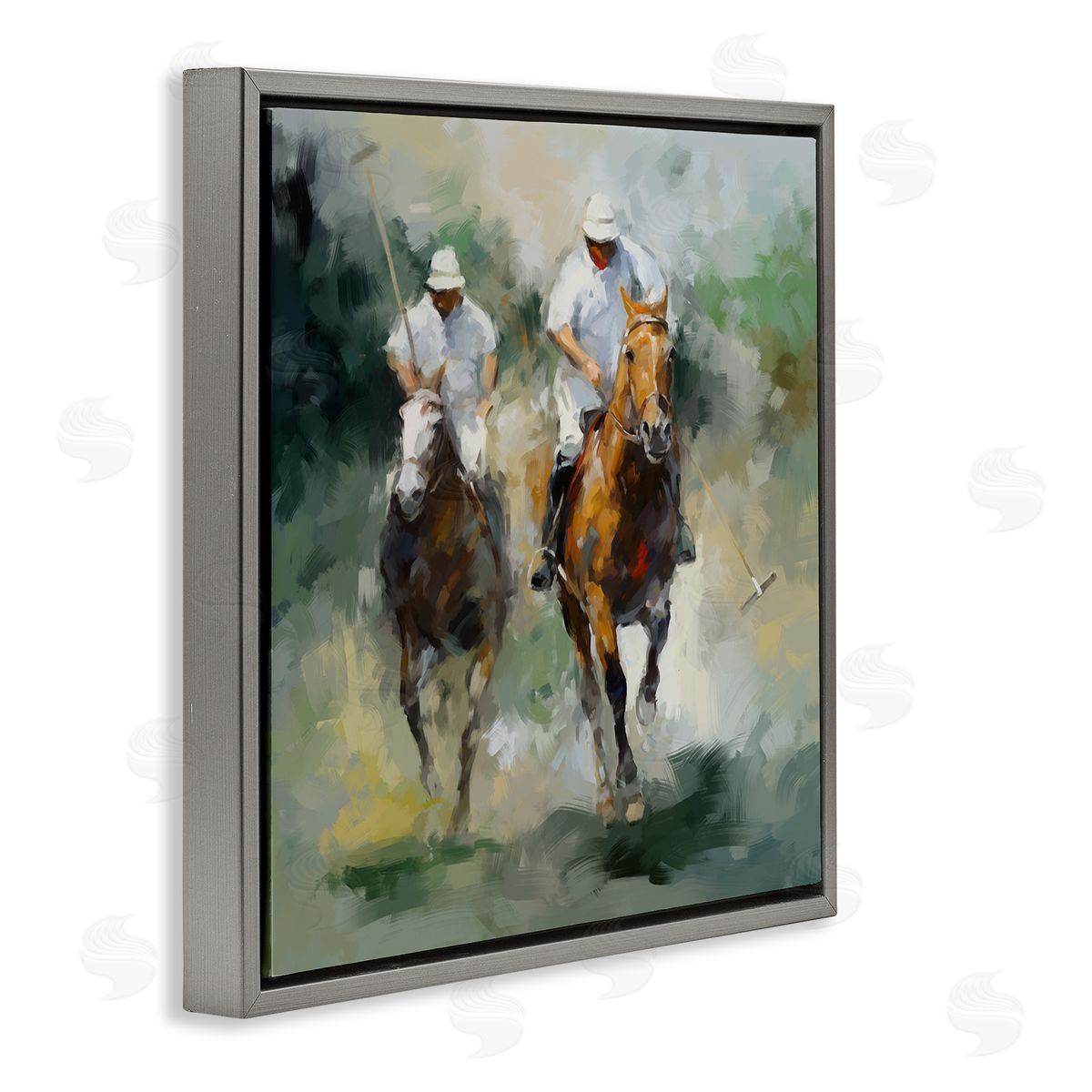 Ziwei Li Two Polo Players Abstract Gray Floating Frame Canvas Wall Art Print