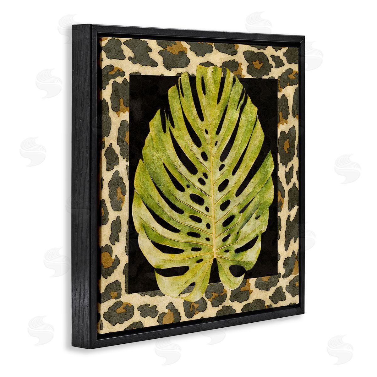 Alonzo Saunders Monstera on Leopard Pattern Black Floating Frame Canvas Wall Art Print