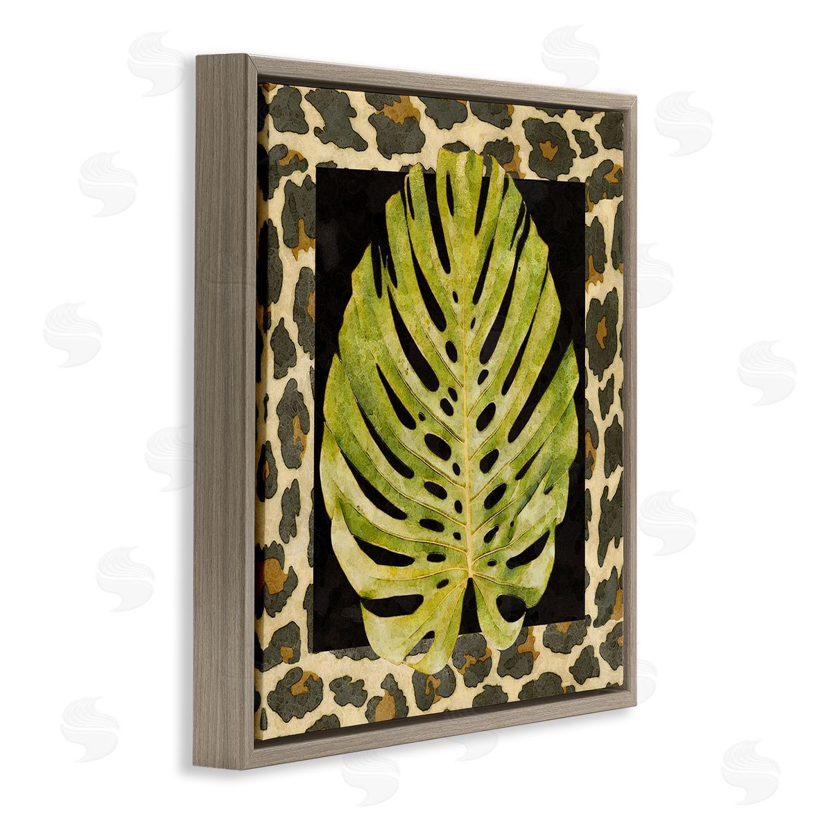 Alonzo Saunders Monstera on Leopard Pattern Brown Floating Frame Canvas Wall Art Print
