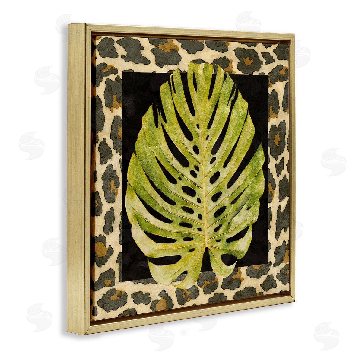 Alonzo Saunders Monstera on Leopard Pattern Gold Floating Frame Canvas Wall Art Print