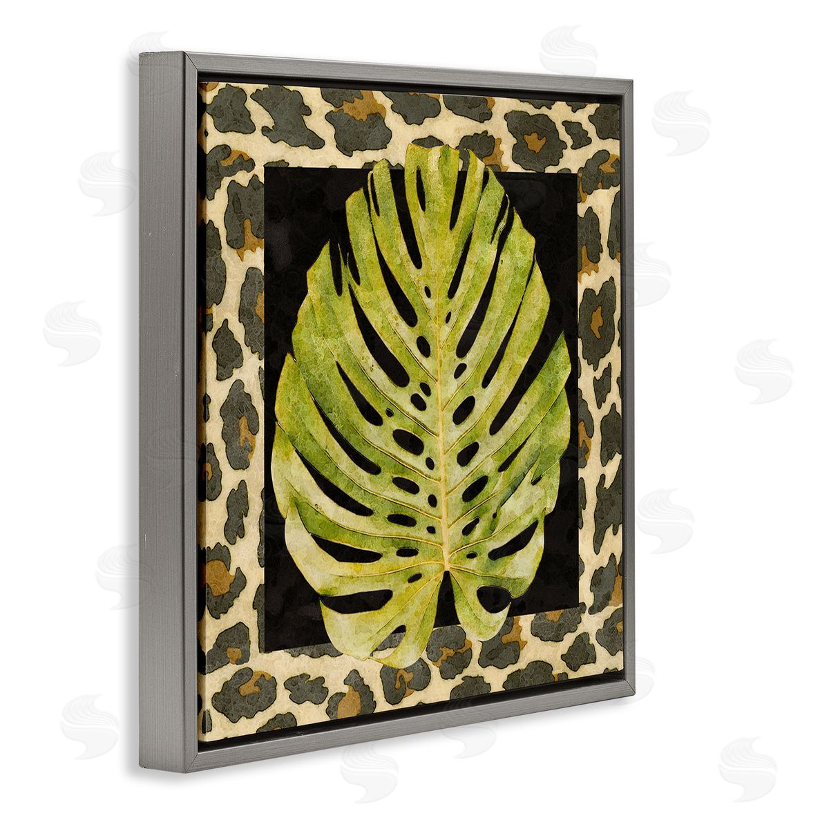 Alonzo Saunders Monstera on Leopard Pattern Gray Floating Frame Canvas Wall Art Print