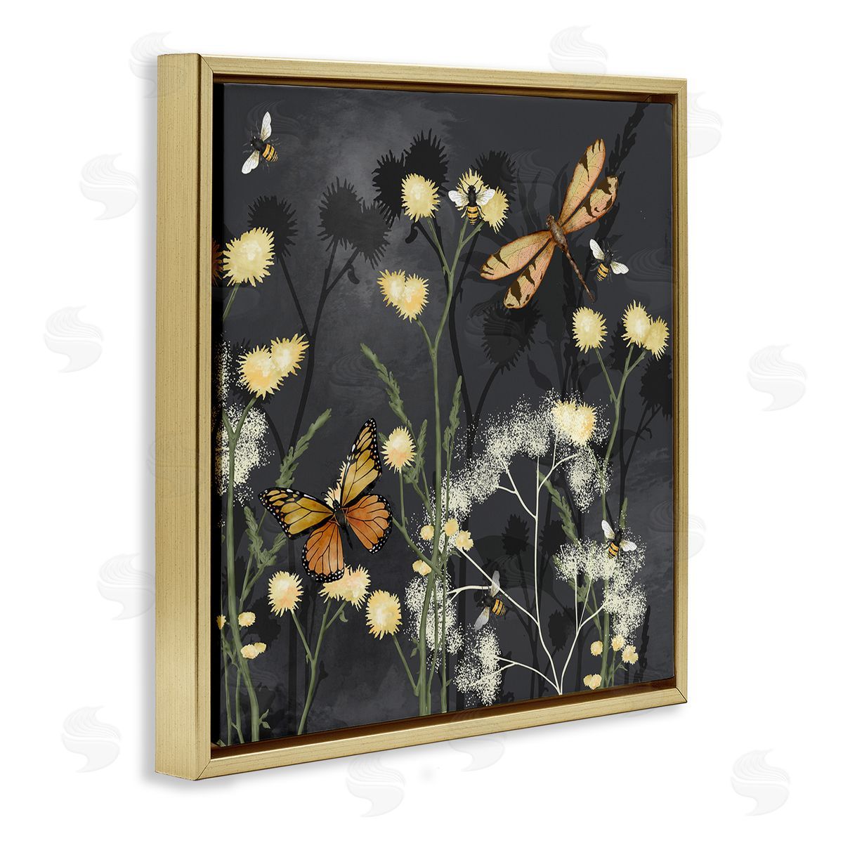Jade Reynolds Herbs & Insects on Grey Gold Floating Frame Canvas Wall Art Print