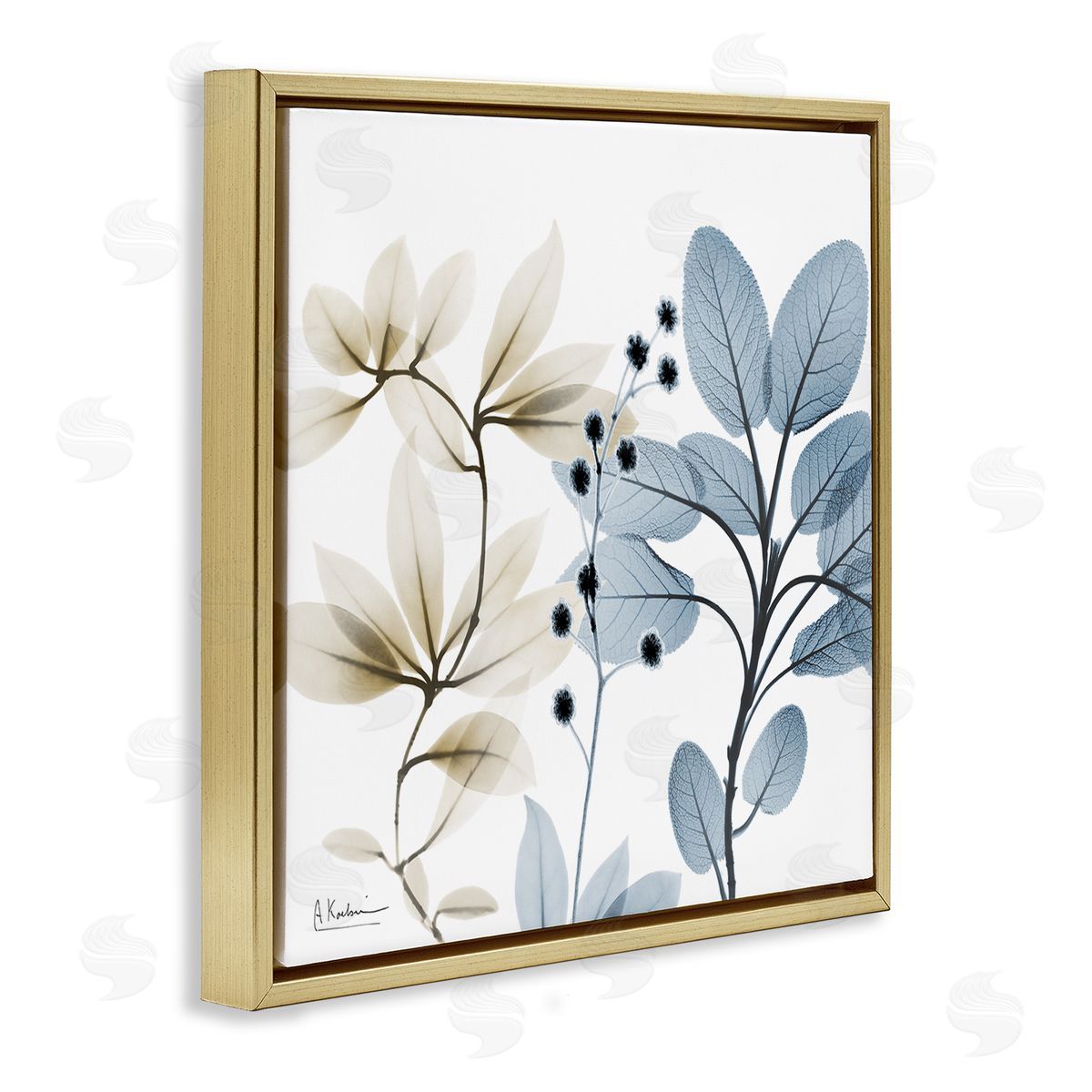 Modern Herb Sprigs Gold Floating Frame Canvas Wall Art, Home Decor by Albert Koetsier
