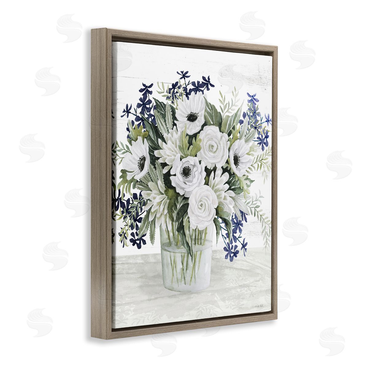 Mixed White Anemone Vase Brown Floating Frame Canvas Wall Art, Home Decor by Cindy Jacobs