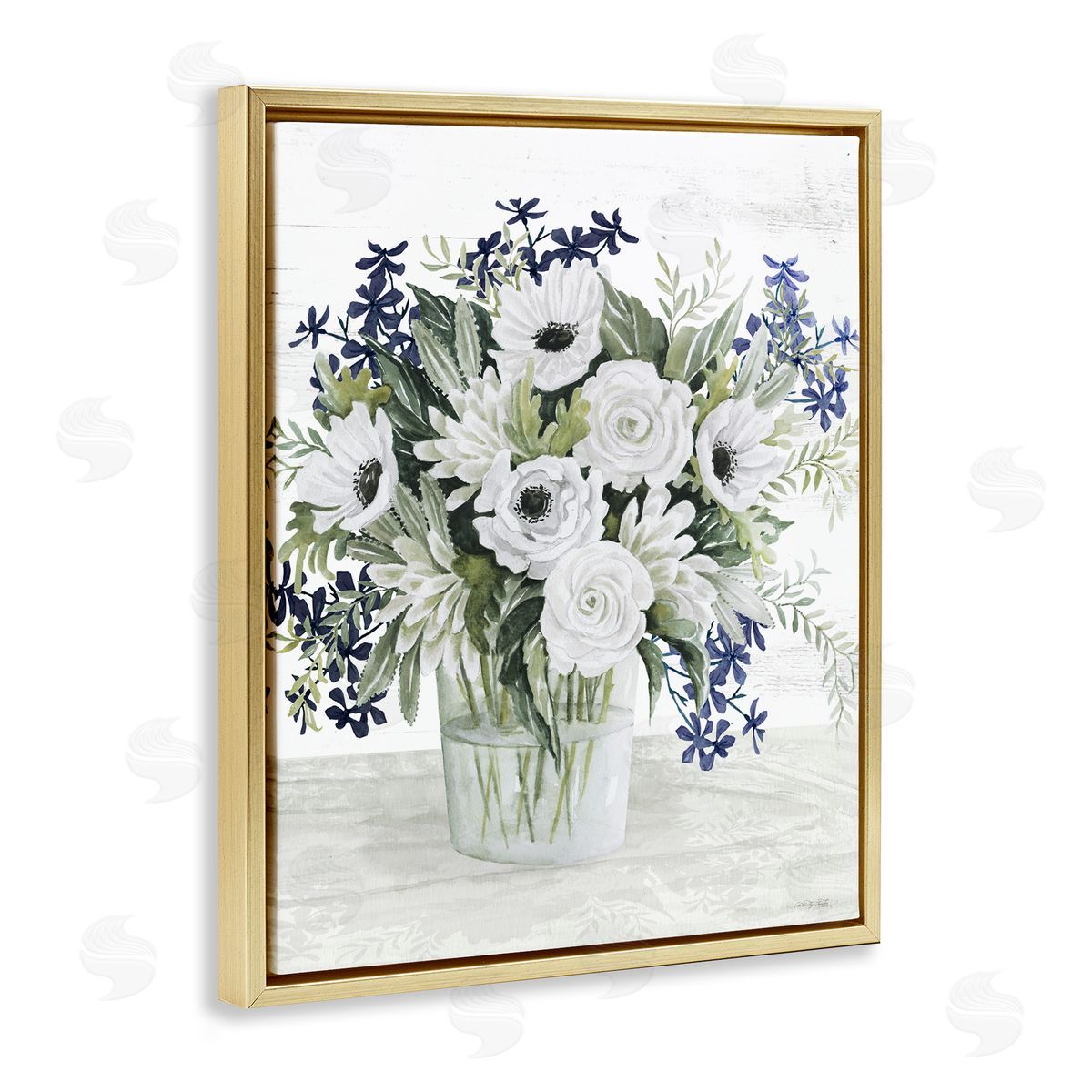 Mixed White Anemone Vase Gold Floating Frame Canvas Wall Art, Home Decor by Cindy Jacobs