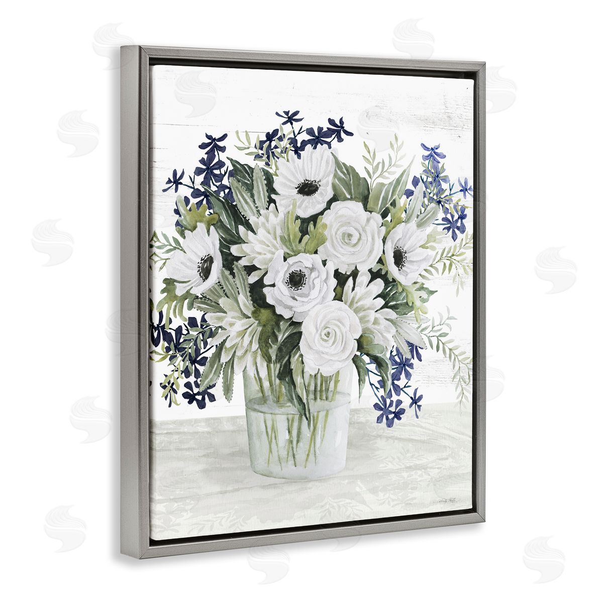 Mixed White Anemone Vase Grey Floating Frame Canvas Wall Art, Home Decor by Cindy Jacobs