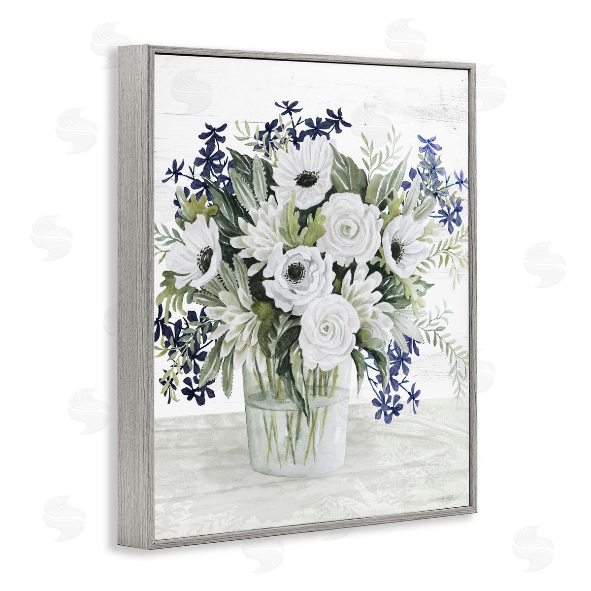 Mixed White Anemone Vase Grey Frame Print Wall Art, Home Decor by Cindy Jacobs