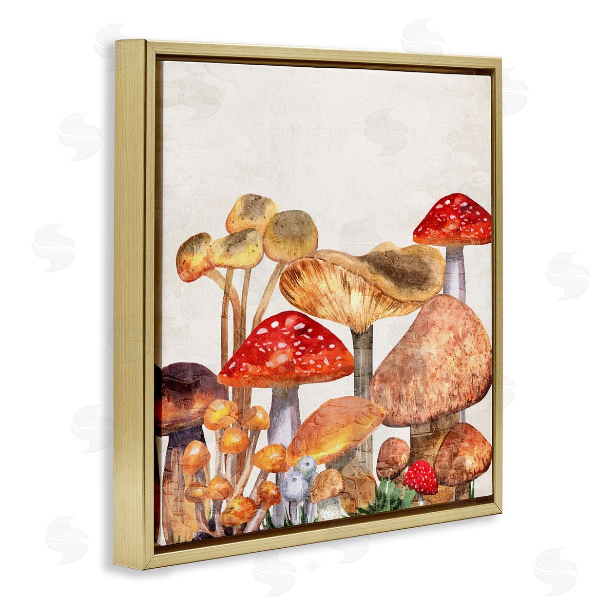 Rustic Woodland Mushrooms Gold Floating Frame Canvas Wall Art, Home Decor by Kim Allen