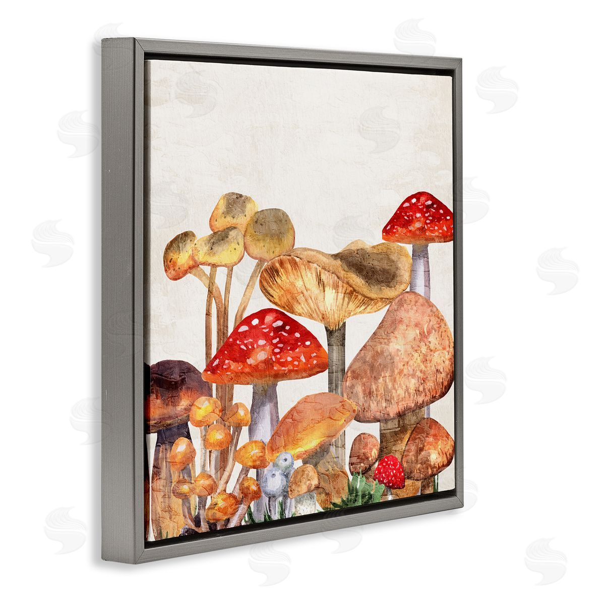 Rustic Woodland Mushrooms Grey Floating Frame Canvas Wall Art, Home Decor by Kim Allen