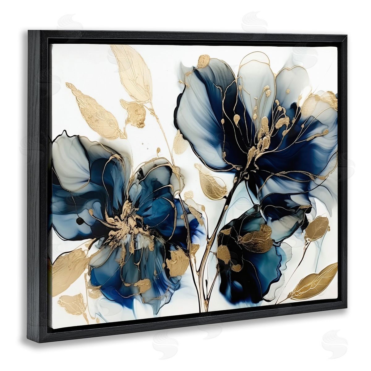 Blue Swirling Modern Flowers Black Floating Frame Canvas Wall Art, Home Decor by LSR Design Studio