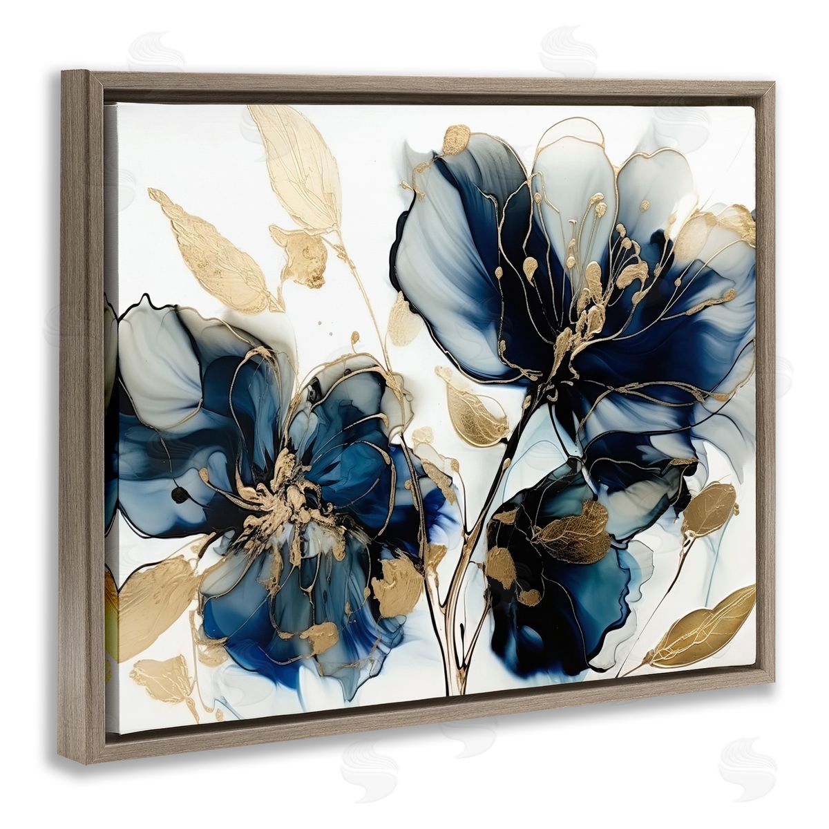 Blue Swirling Modern Flowers Brown Floating Frame Canvas Wall Art, Home Decor by LSR Design Studio