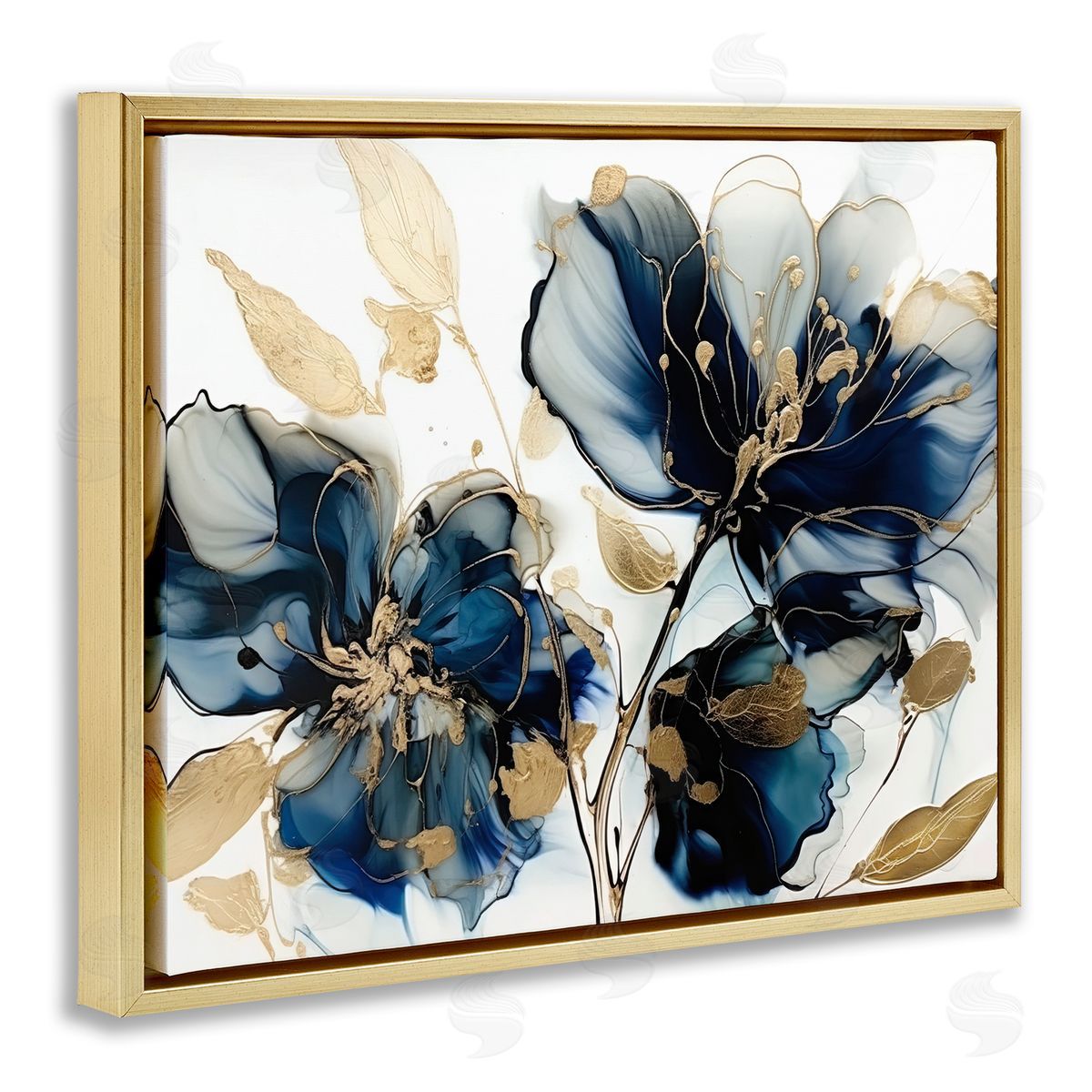 Blue Swirling Modern Flowers Gold Floating Frame Canvas Wall Art, Home Decor by LSR Design Studio