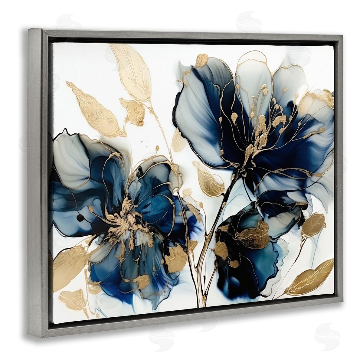 Blue Swirling Modern Flowers Grey Floating Frame Canvas Wall Art, Home Decor by LSR Design Studio