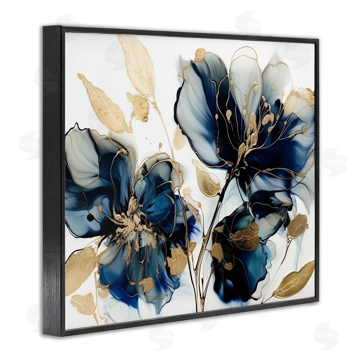 Blue Swirling Modern Flowers Black Frame Print Wall Art, Home Decor by LSR Design Studio