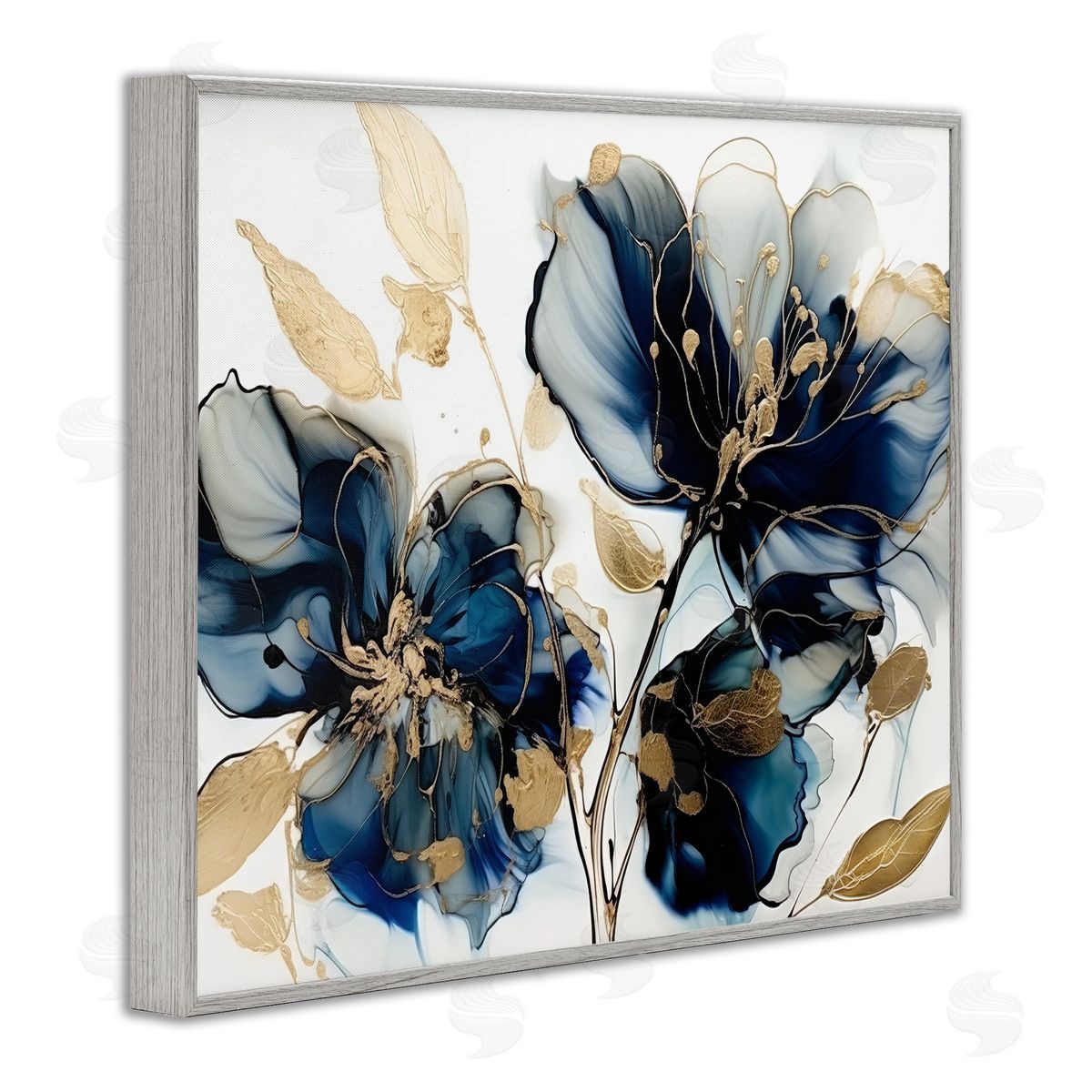Blue Swirling Modern Flowers Grey Frame Print Wall Art, Home Decor by LSR Design Studio