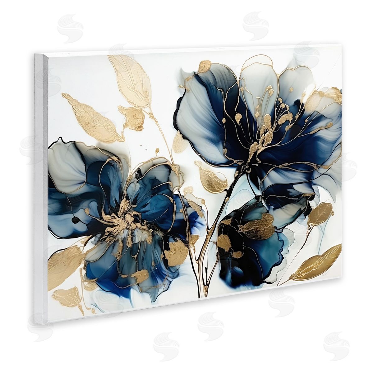 Blue Swirling Modern Flowers Wood Plaque Wall Art, Home Decor by LSR Design Studio