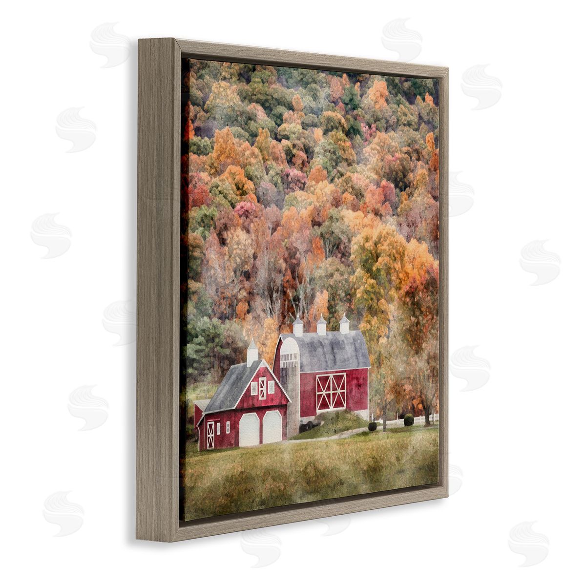 LSR Design Studio Barn in Autumn Scene Brown Floating Frame Canvas Wall Art Print