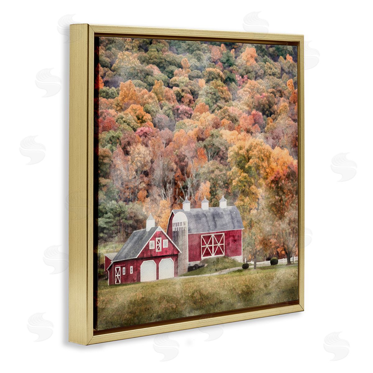 LSR Design Studio Barn in Autumn Scene Gold Floating Frame Canvas Wall Art Print