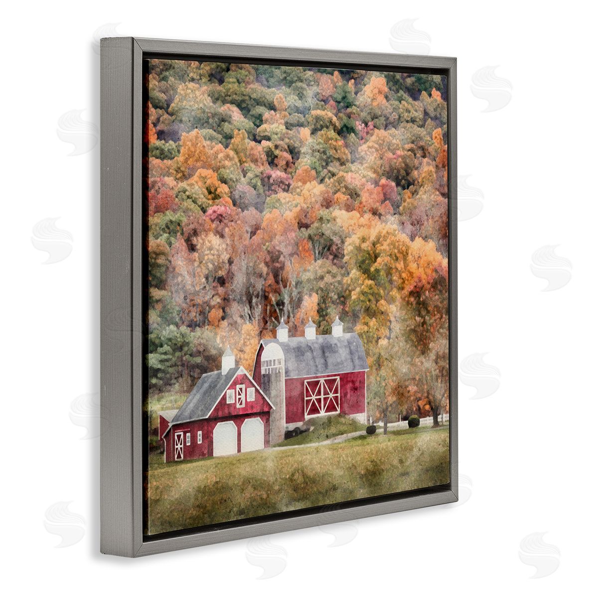 LSR Design Studio Barn in Autumn Scene Gray Floating Frame Canvas Wall Art Print