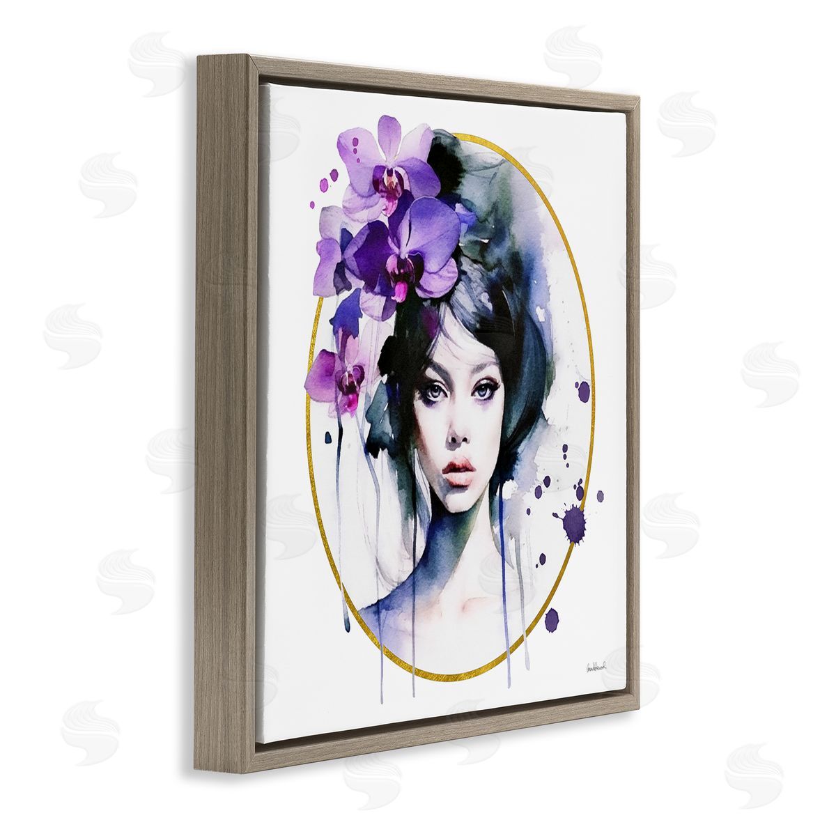 Amanda Greenwood Girl & Purple Orchids Brown Floating Frame Canvas Wall Art Print