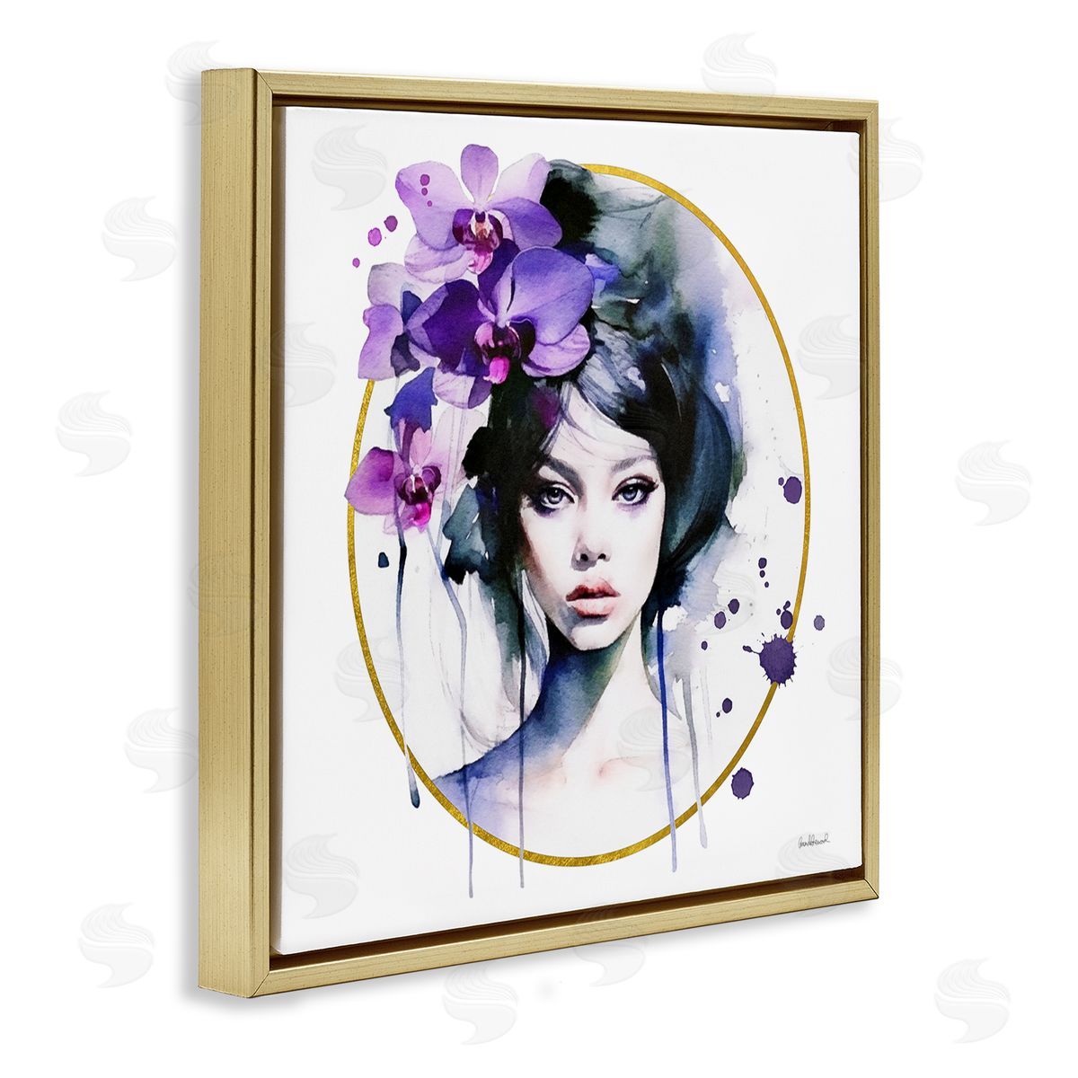 Amanda Greenwood Girl & Purple Orchids Gold Floating Frame Canvas Wall Art Print