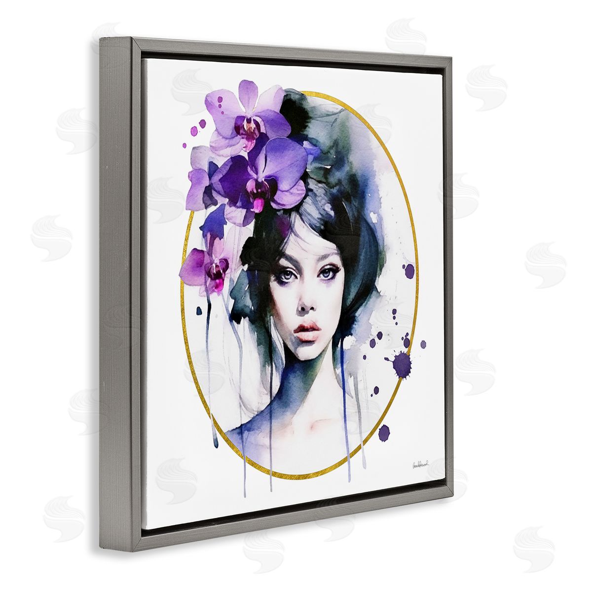 Amanda Greenwood Girl & Purple Orchids Gray Floating Frame Canvas Wall Art Print