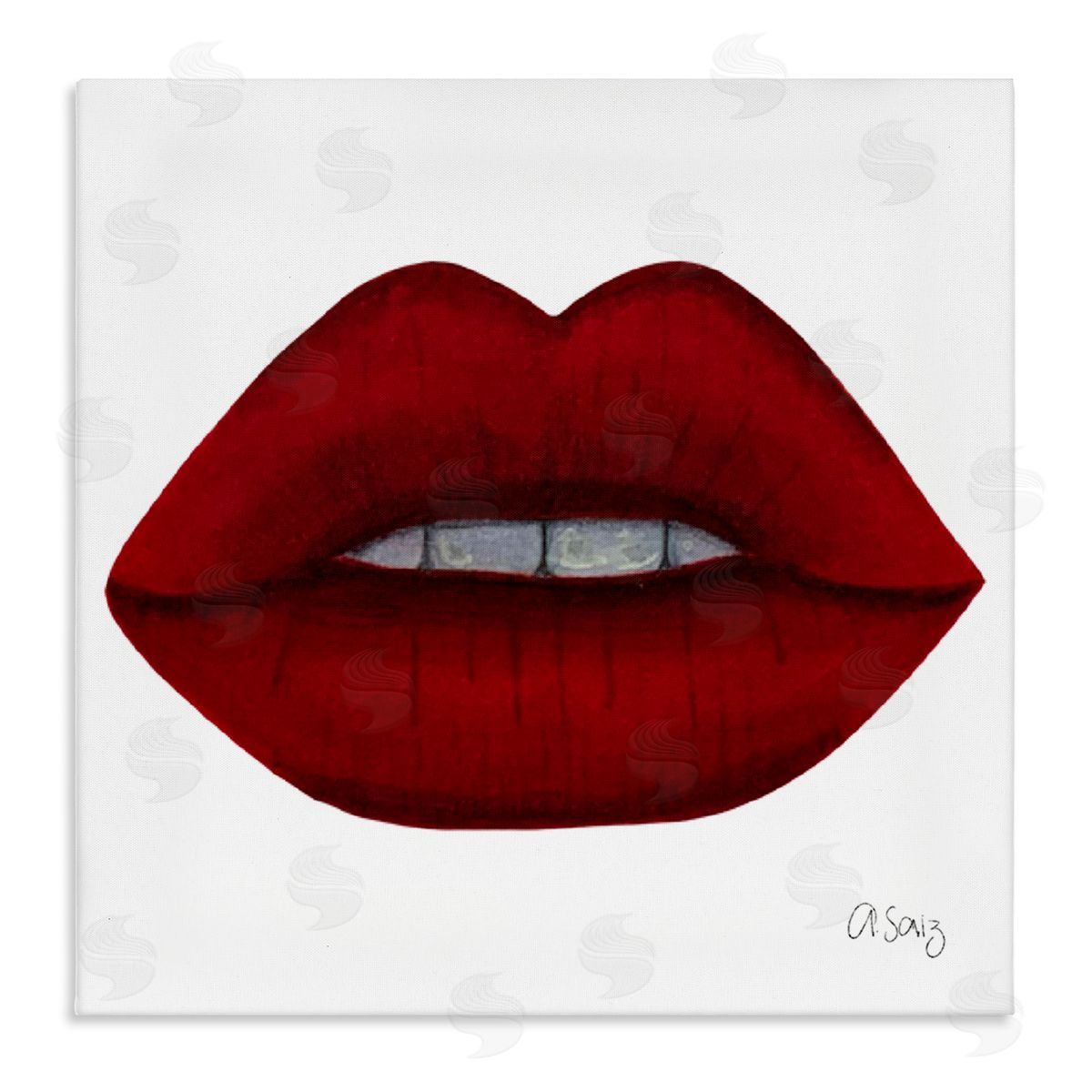 Ale Saiz Studio Red Lips on White Stretched Canvas Wall Art Print