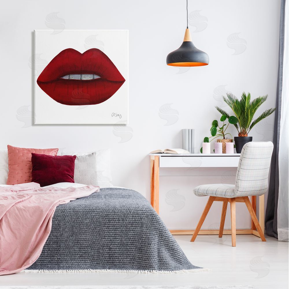 Ale Saiz Studio Red Lips on White Canvas Wall Art in Room