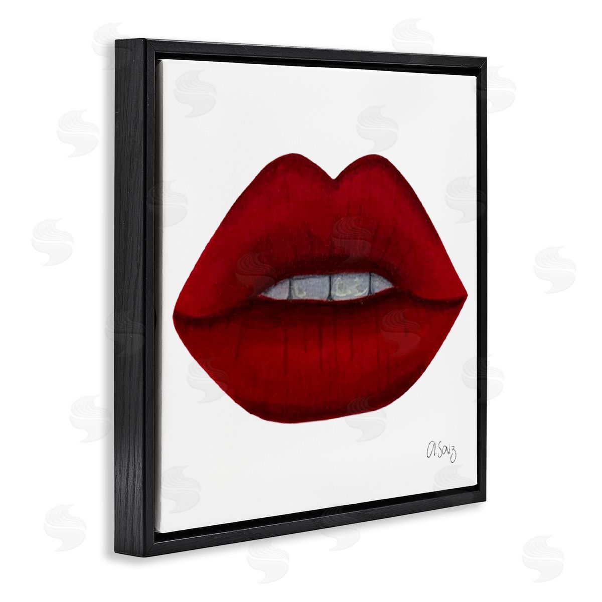 Ale Saiz Studio Red Lips on White Black Floating Frame Canvas Wall Art Print