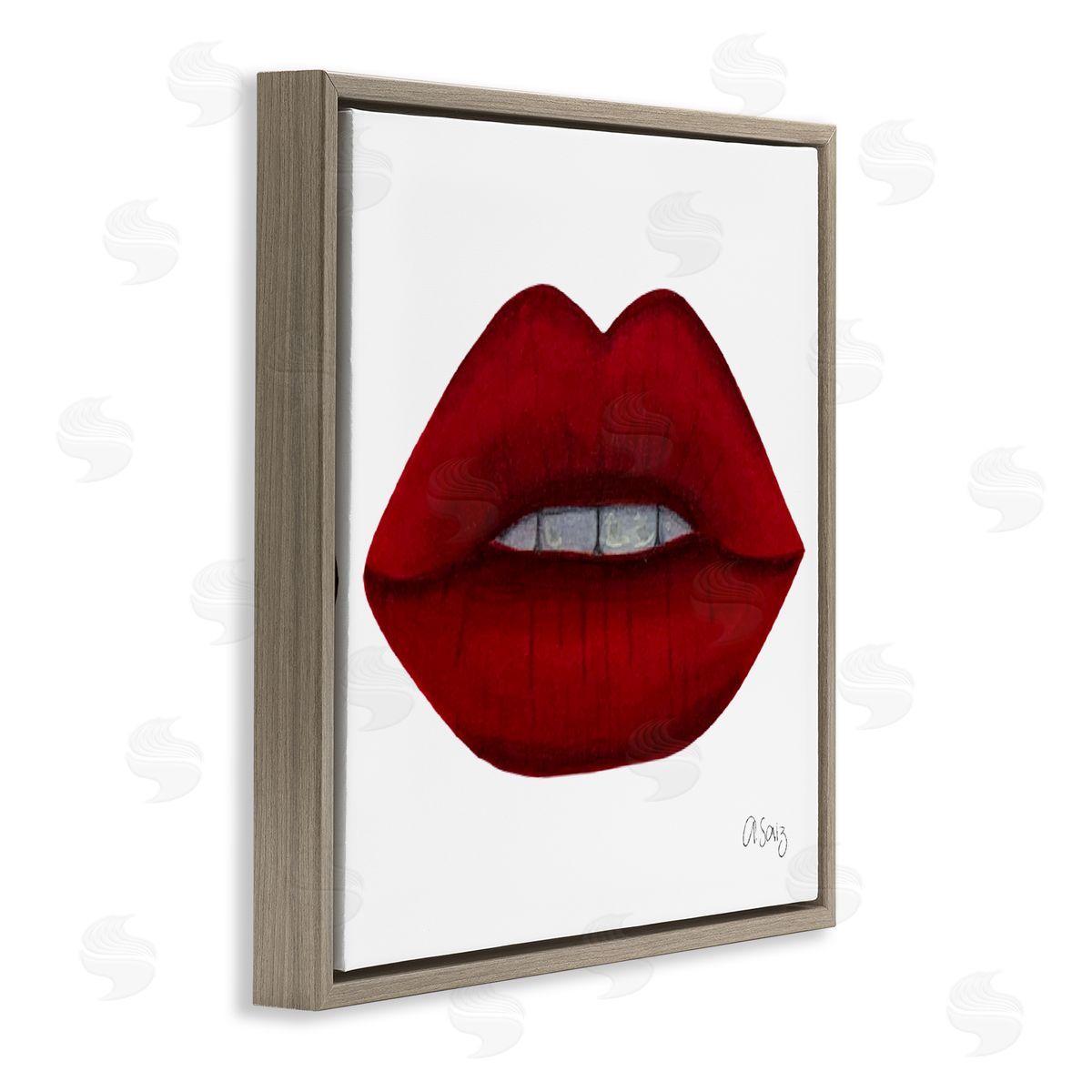 Ale Saiz Studio Red Lips on White Brown Floating Frame Canvas Wall Art Print