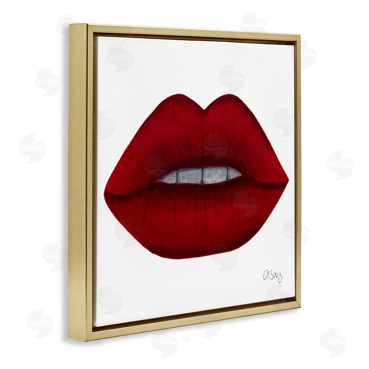 Ale Saiz Studio Red Lips on White Gold Floating Frame Canvas Wall Art Print