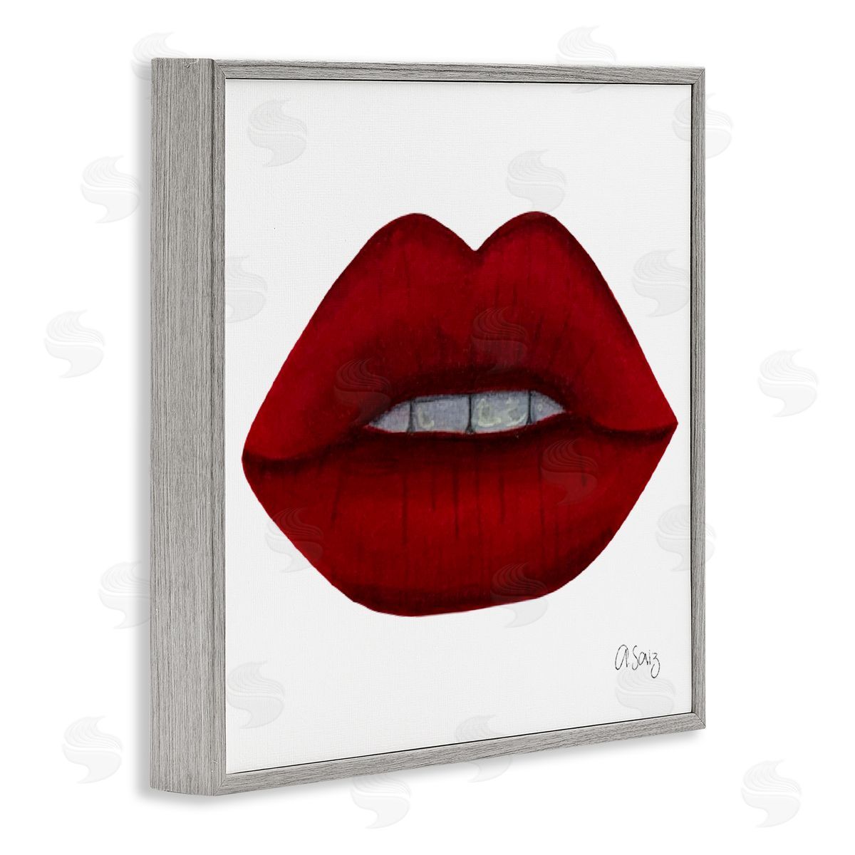 Ale Saiz Studio Red Lips on White Gray Framed Glicee Wall Art Print