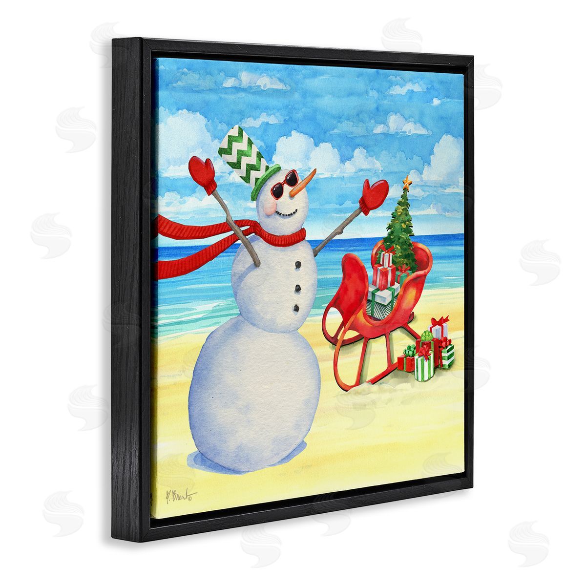 Paul Brent Snowman on Beach Scene Black Floating Frame Canvas Wall Art Print