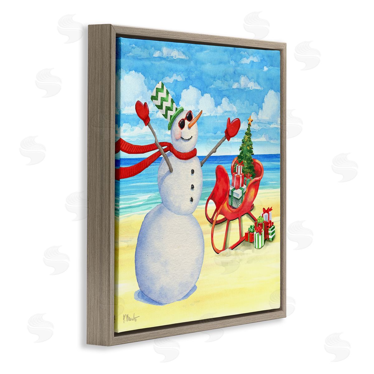 Paul Brent Snowman on Beach Scene Brown Floating Frame Canvas Wall Art Print