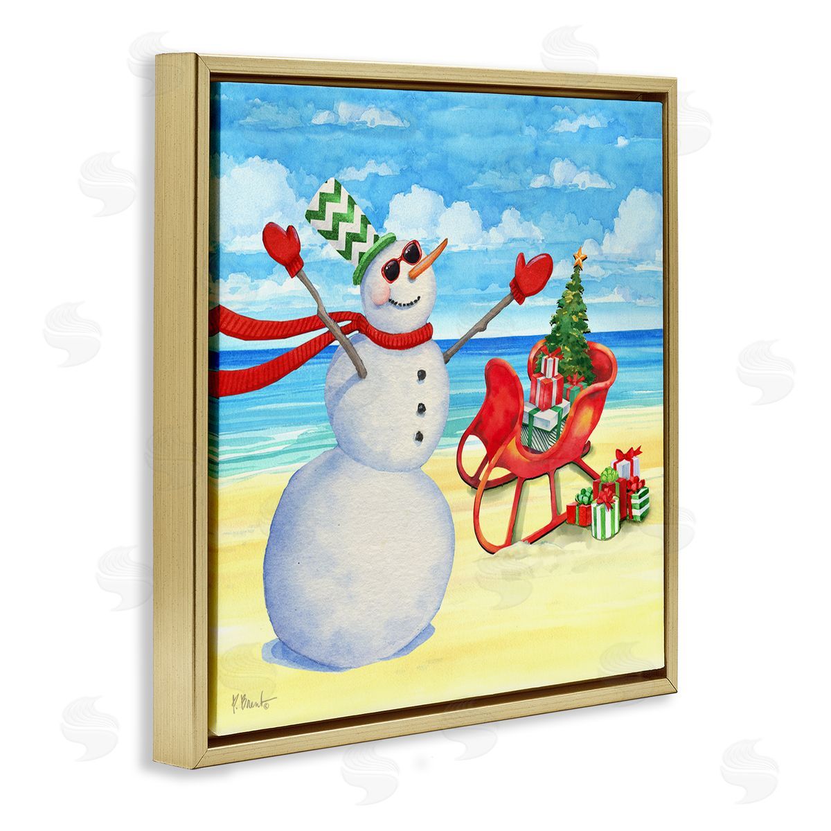 Paul Brent Snowman on Beach Scene Gold Floating Frame Canvas Wall Art Print