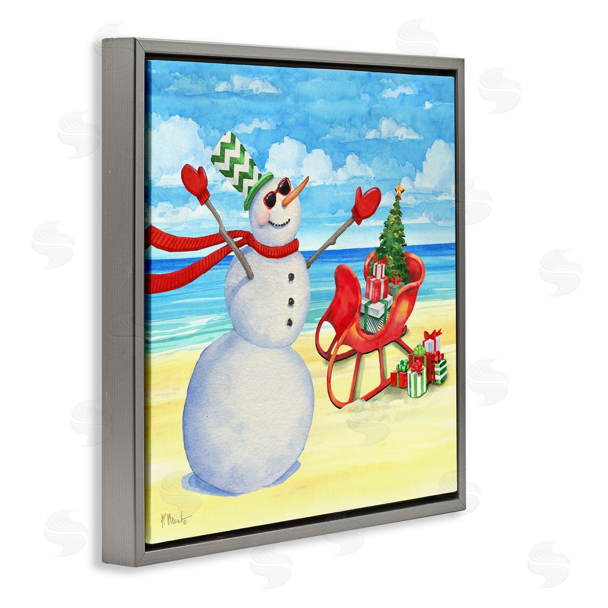 Paul Brent Snowman on Beach Scene Gray Floating Frame Canvas Wall Art Print