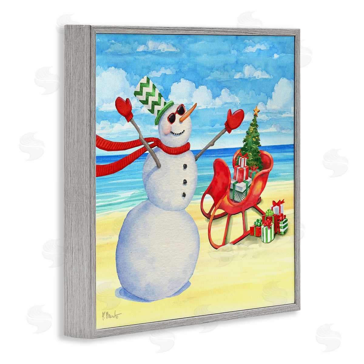 Paul Brent Snowman on Beach Scene Gray Framed Glicee Wall Art Print