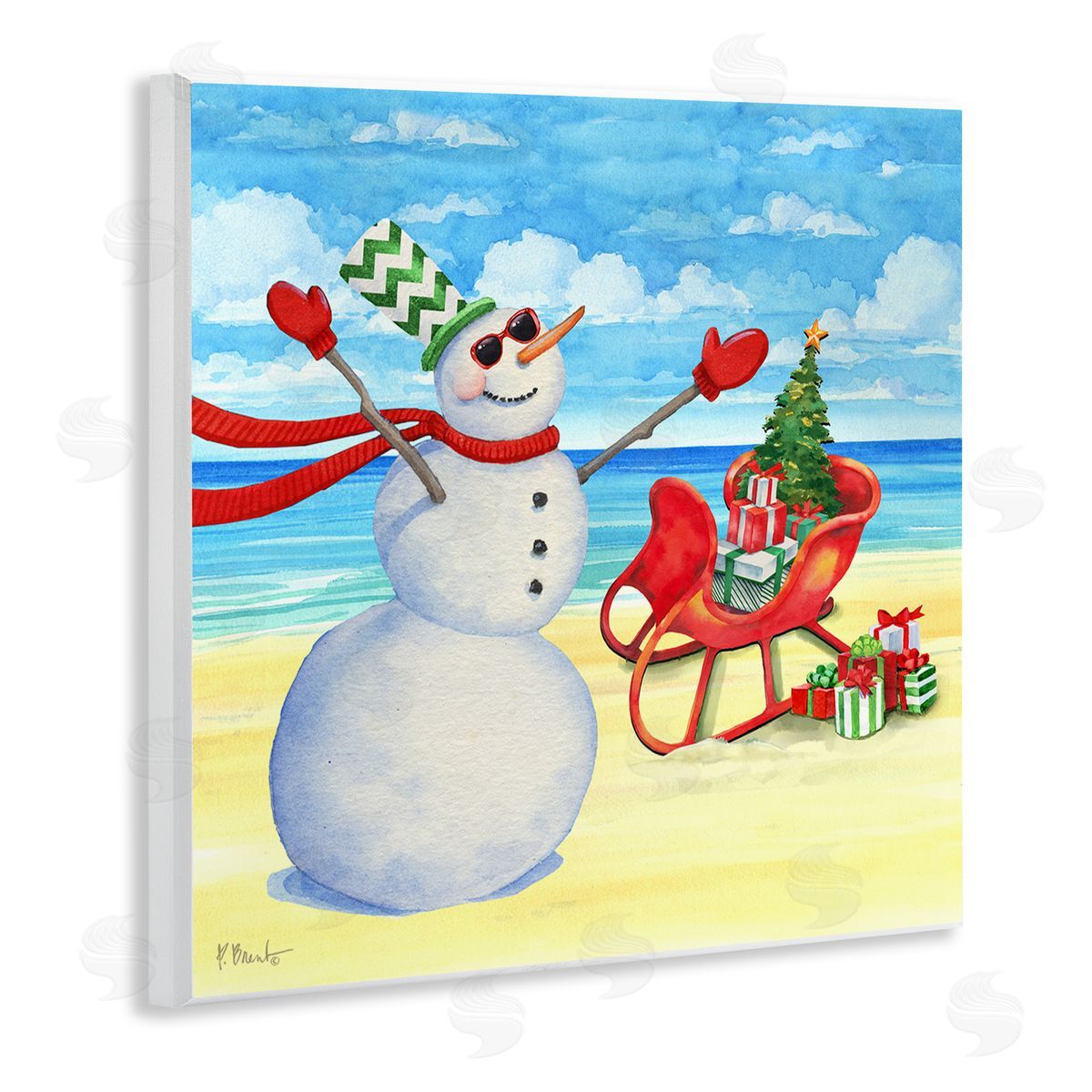 Paul Brent Snowman on Beach Scene Wooden Wall Plaque Art Print