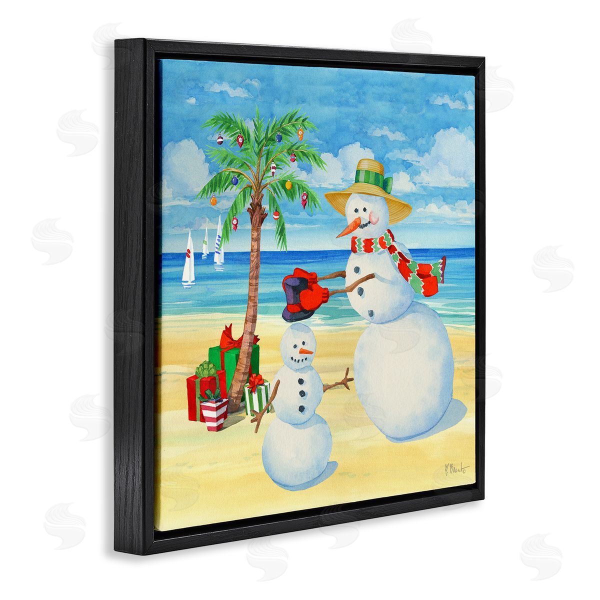 Paul Brent Festive Snowman Beach Black Floating Frame Canvas Wall Art Print