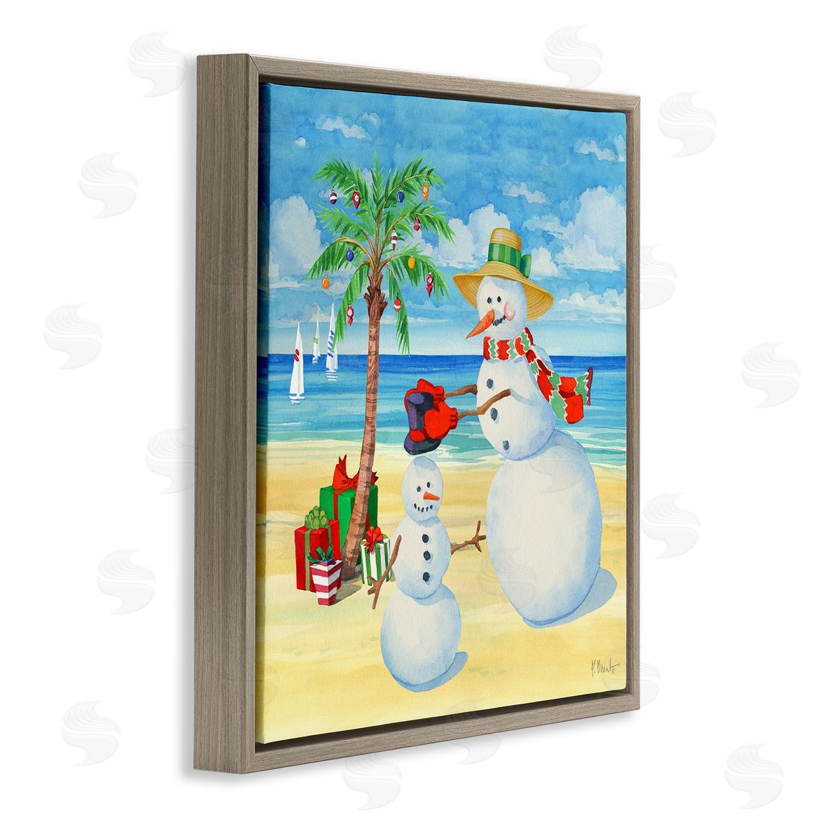Paul Brent Festive Snowman Beach Brown Floating Frame Canvas Wall Art Print