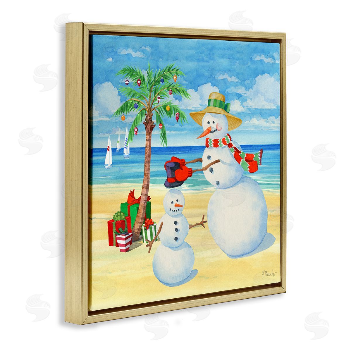 Paul Brent Festive Snowman Beach Gold Floating Frame Canvas Wall Art Print