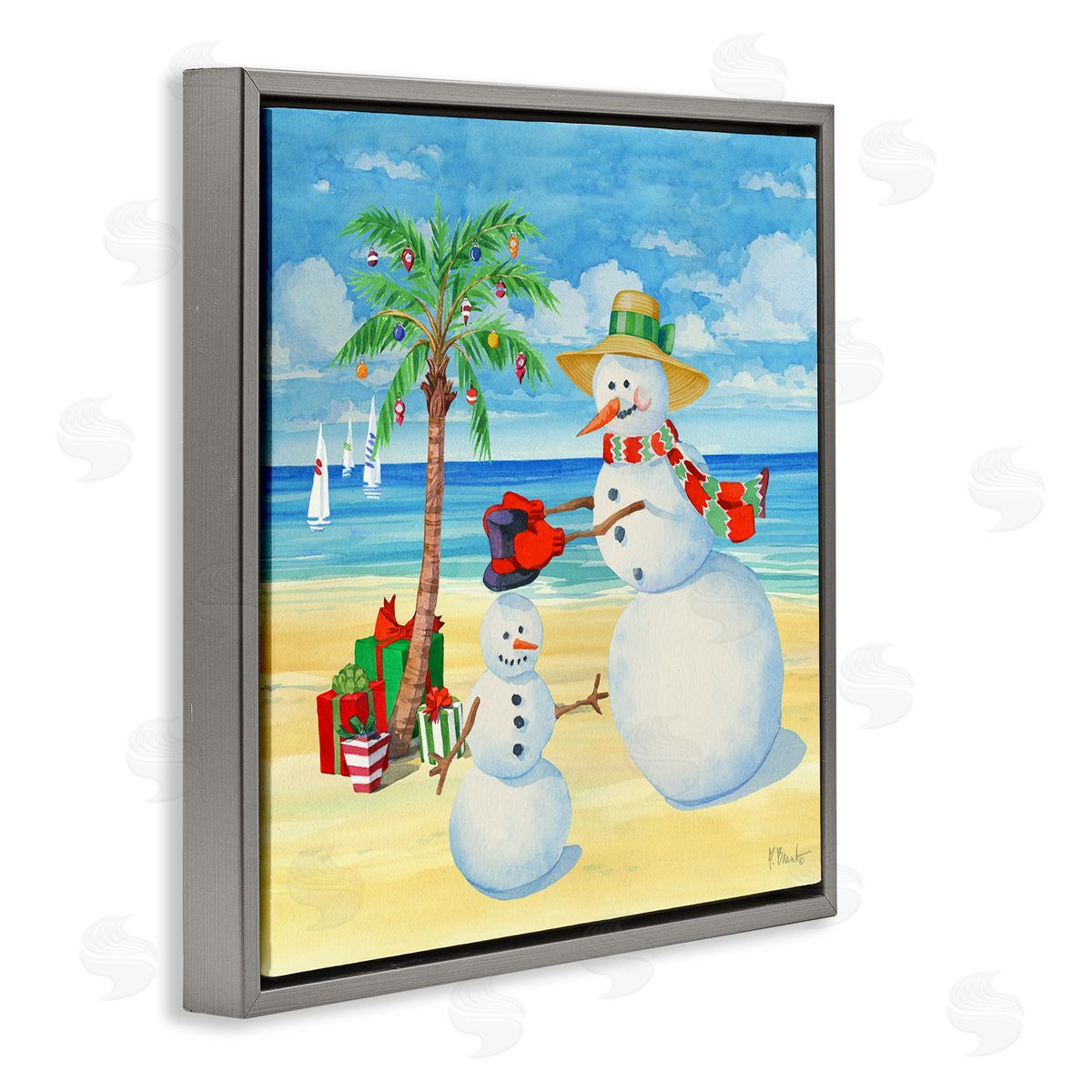 Paul Brent Festive Snowman Beach Gray Floating Frame Canvas Wall Art Print